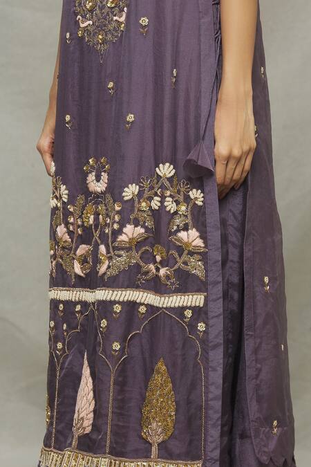 Abhi Singh_Purple Silk, Organza, Shantoon Floral Round Embroidered Cape Tunic _at_Aza_Fashions