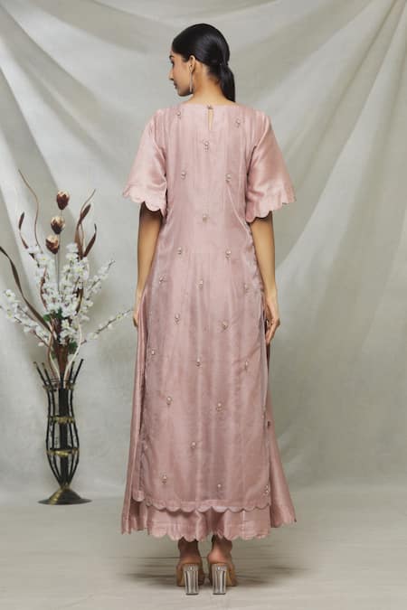 Shop Abhi Singh Pink Silk, Organza, Shantoon Floral Round Double Layered Cape Tunic at Aza Fashions Shop_Abhi Singh_Pink Silk, Organza, Shantoon Floral Round Double Layered Cape Tunic _at_Aza_Fashions