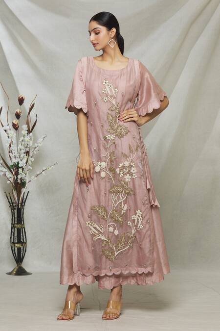 Buy Abhi Singh Pink Silk, Organza, Shantoon Floral Round Double Layered Cape Tunic Online at Aza Fashions Buy_Abhi Singh_Pink Silk, Organza, Shantoon Floral Round Double Layered Cape Tunic _Online_at_Aza_Fashions