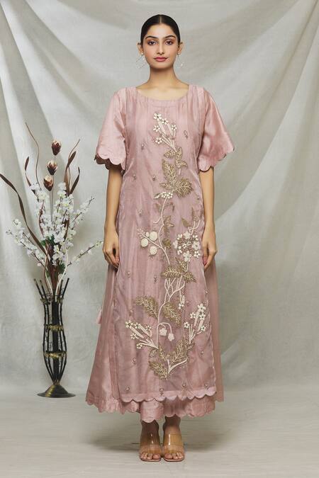 Shop Abhi Singh Pink Silk, Organza, Shantoon Floral Round Double Layered Cape Tunic Online at Aza Fashions Shop_Abhi Singh_Pink Silk, Organza, Shantoon Floral Round Double Layered Cape Tunic _Online_at_Aza_Fashions