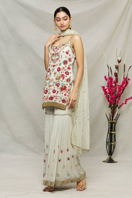 Abhi Singh_Blue Net, Georgette, Shantoon Floral Round Embroidered Kurta Gharara Set _Online_at_Aza_Fashions