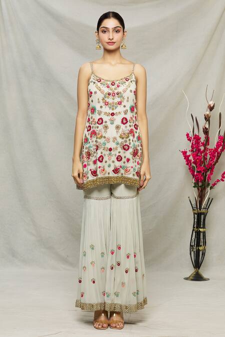 Buy_Abhi Singh_Blue Net, Georgette, Shantoon Floral Round Embroidered Kurta Gharara Set _Online_at_Aza_Fashions