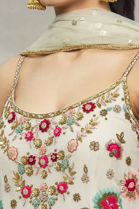 Abhi Singh_Blue Net, Georgette, Shantoon Floral Round Embroidered Kurta Gharara Set _at_Aza_Fashions