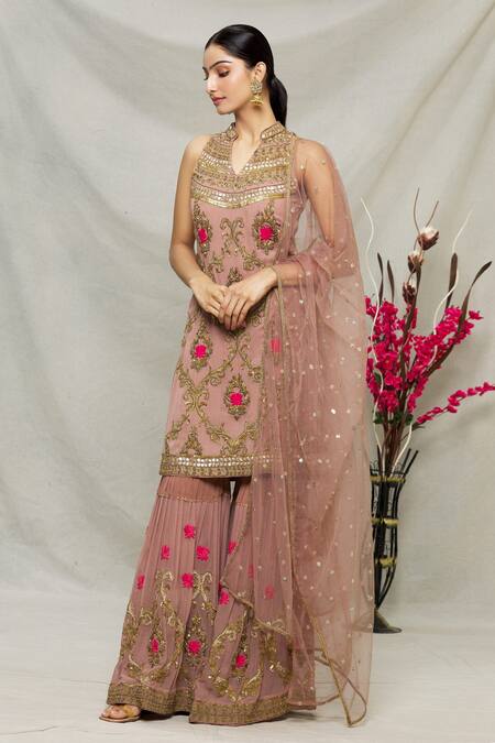 Abhi Singh_Pink Net, Georgette, Shantoon Floral Zardozi Embroidered Kurta Gharara Set _Online_at_Aza_Fashions