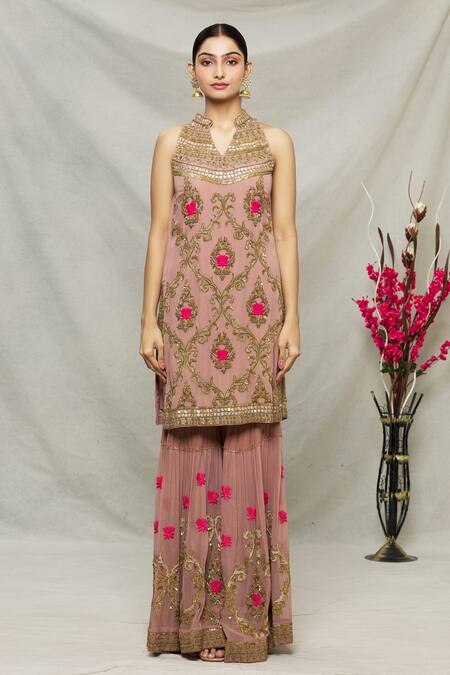 Buy_Abhi Singh_Pink Net, Georgette, Shantoon Floral Zardozi Embroidered Kurta Gharara Set _Online_at_Aza_Fashions