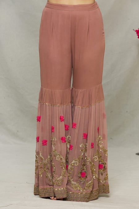 Shop_Abhi Singh_Pink Net, Georgette, Shantoon Floral Zardozi Embroidered Kurta Gharara Set _Online_at_Aza_Fashions