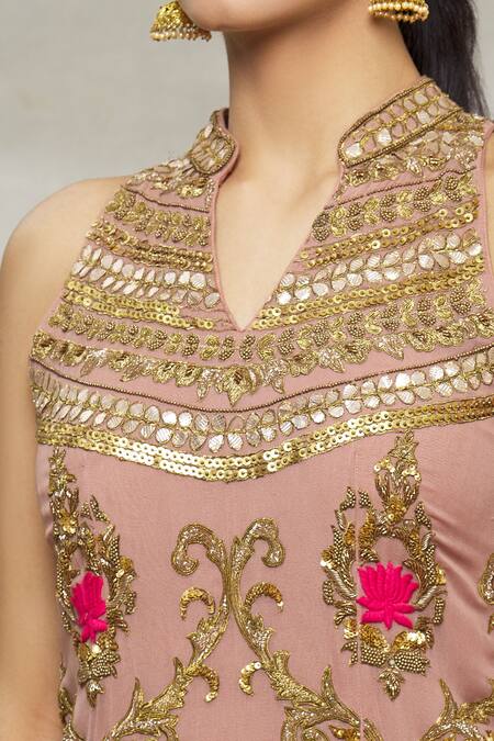 Abhi Singh_Pink Net, Georgette, Shantoon Floral Zardozi Embroidered Kurta Gharara Set _at_Aza_Fashions