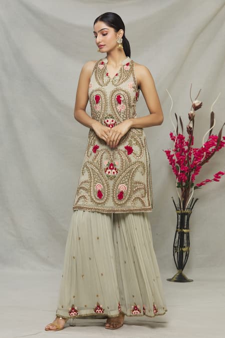 Abhi Singh_Grey Net, Georgette, Shantoon Paisley Mandarin Embellished Kurta And Gharara Set _Online_at_Aza_Fashions