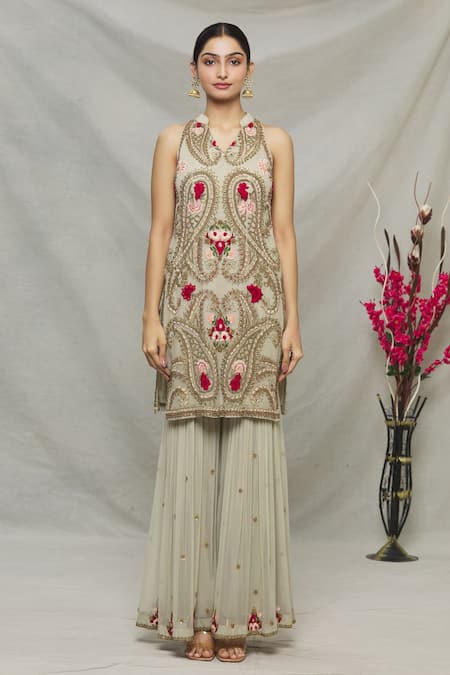 Buy_Abhi Singh_Grey Net, Georgette, Shantoon Paisley Mandarin Embellished Kurta And Gharara Set _Online_at_Aza_Fashions