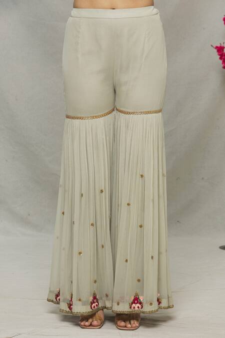 Shop_Abhi Singh_Grey Net, Georgette, Shantoon Paisley Mandarin Embellished Kurta And Gharara Set _Online_at_Aza_Fashions