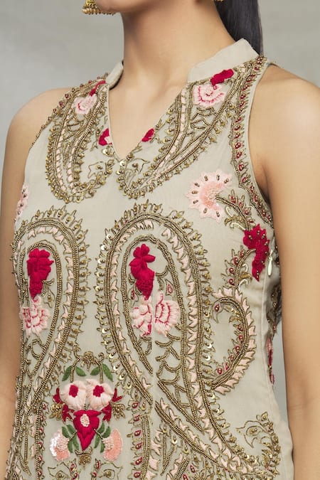 Abhi Singh_Grey Net, Georgette, Shantoon Paisley Mandarin Embellished Kurta And Gharara Set _at_Aza_Fashions