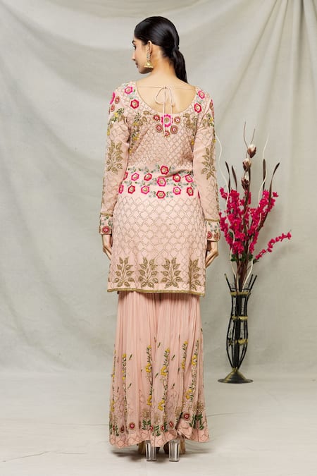 Shop Abhi Singh Peach Net, Georgette, Shantoon Floral, Jaal Round Embroidered Kurta Gharara Set at Aza Fashions Shop_Abhi Singh_Peach Net, Georgette, Shantoon Floral, Jaal Round Embroidered Kurta Gharara Set _at_Aza_Fashions