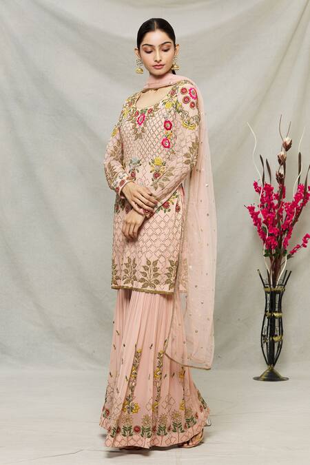 Abhi Singh Peach Net, Georgette, Shantoon Floral, Jaal Round Embroidered Kurta Gharara Set Online at Aza Fashions Abhi Singh_Peach Net, Georgette, Shantoon Floral, Jaal Round Embroidered Kurta Gharara Set _Online_at_Aza_Fashions