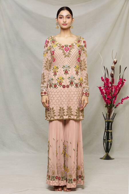 Buy Abhi Singh Peach Net, Georgette, Shantoon Floral, Jaal Round Embroidered Kurta Gharara Set Online at Aza Fashions Buy_Abhi Singh_Peach Net, Georgette, Shantoon Floral, Jaal Round Embroidered Kurta Gharara Set _Online_at_Aza_Fashions