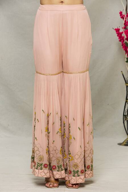 Shop Abhi Singh Peach Net, Georgette, Shantoon Floral, Jaal Round Embroidered Kurta Gharara Set Online at Aza Fashions Shop_Abhi Singh_Peach Net, Georgette, Shantoon Floral, Jaal Round Embroidered Kurta Gharara Set _Online_at_Aza_Fashions