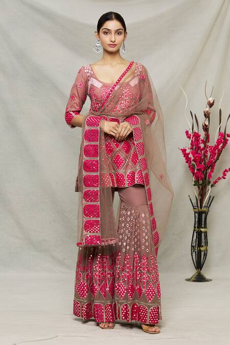 Abhi Singh_Pink Organza, Net, Georgette, Shantoon Geometric, Mirror Work Kurta Gharara Set _Online_at_Aza_Fashions