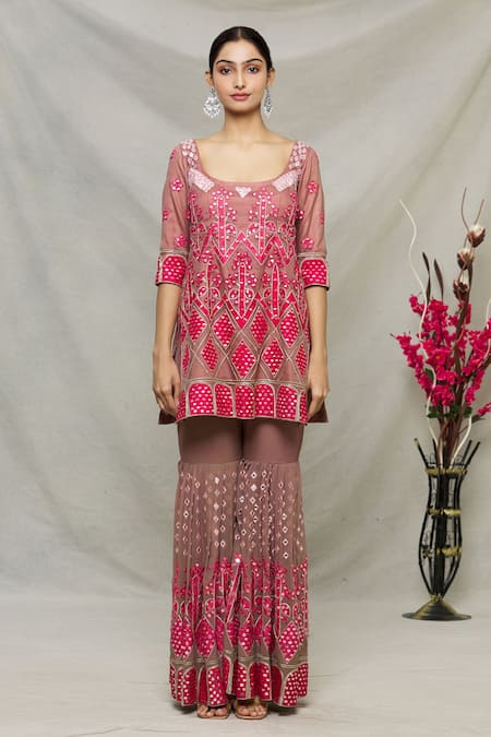 Buy_Abhi Singh_Pink Organza, Net, Georgette, Shantoon Geometric, Mirror Work Kurta Gharara Set _Online_at_Aza_Fashions