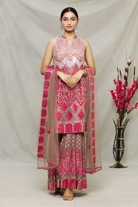 Shop Abhi Singh Pink Organza, Net, Georgette, Shantoon Geometric, Mirror Work Kurta Gharara Set at Aza Fashions Shop_Abhi Singh_Pink Organza, Net, Georgette, Shantoon Geometric, Mirror Work Kurta Gharara Set _at_Aza_Fashions