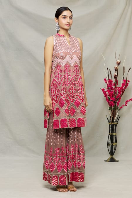 Buy Pink Net Embroidered Mirror Work Mandarin Collar Kurta Gharara 