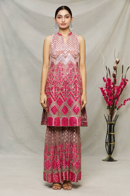 Buy Abhi Singh Pink Organza, Net, Georgette, Shantoon Geometric, Mirror Work Kurta Gharara Set Online at Aza Fashions Buy_Abhi Singh_Pink Organza, Net, Georgette, Shantoon Geometric, Mirror Work Kurta Gharara Set _Online_at_Aza_Fashions