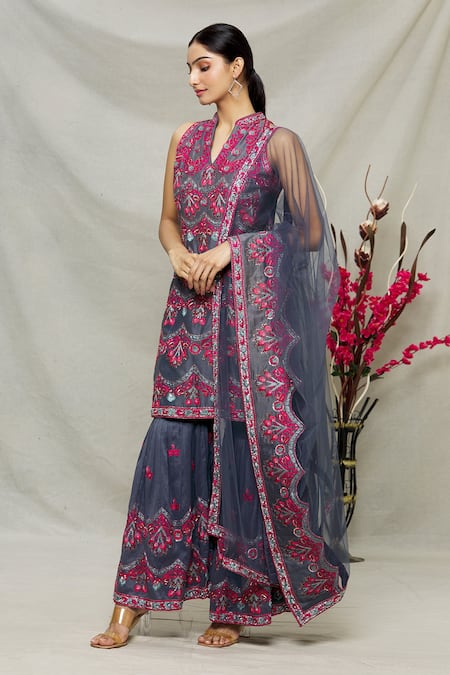 Abhi Singh_Blue Silk, Net, Shantoon Floral, Sequin Mandarin Embroidered Kurta Gharara Set _Online_at_Aza_Fashions