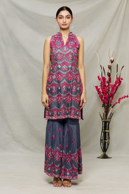 Buy_Abhi Singh_Blue Silk, Net, Shantoon Floral, Sequin Mandarin Embroidered Kurta Gharara Set _Online_at_Aza_Fashions