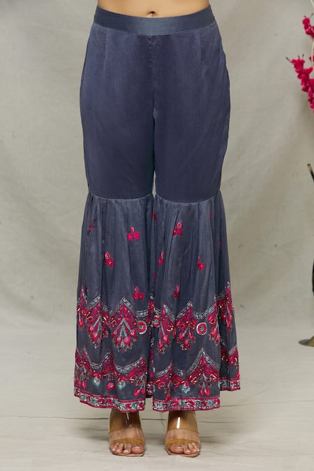 Shop_Abhi Singh_Blue Silk, Net, Shantoon Floral, Sequin Mandarin Embroidered Kurta Gharara Set _Online_at_Aza_Fashions