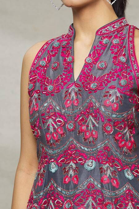 Abhi Singh_Blue Silk, Net, Shantoon Floral, Sequin Mandarin Embroidered Kurta Gharara Set _at_Aza_Fashions