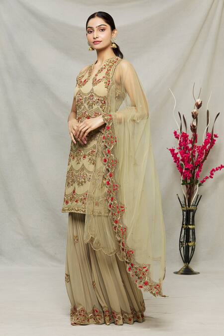 Abhi Singh_Green Silk, Net, Shantoon Floral, Sequin Mandarin Embroidered Kurta Gharara Set _Online_at_Aza_Fashions