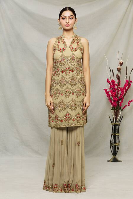 Buy_Abhi Singh_Green Silk, Net, Shantoon Floral, Sequin Mandarin Embroidered Kurta Gharara Set _Online_at_Aza_Fashions
