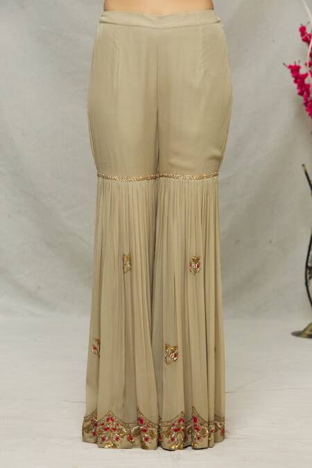 Shop_Abhi Singh_Green Silk, Net, Shantoon Floral, Sequin Mandarin Embroidered Kurta Gharara Set _Online_at_Aza_Fashions