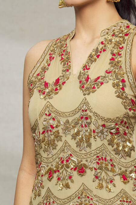 Abhi Singh_Green Silk, Net, Shantoon Floral, Sequin Mandarin Embroidered Kurta Gharara Set _at_Aza_Fashions