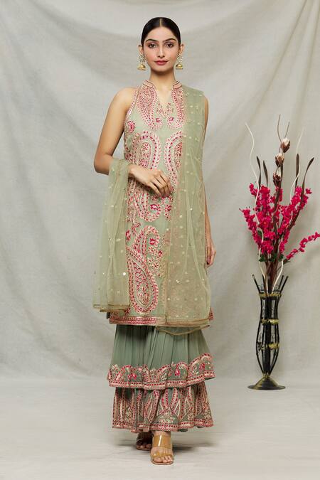 Abhi Singh_Green Net, Georgette, Shantoon Paisley Mandarin Embroidered Kurta Gharara Set _Online_at_Aza_Fashions