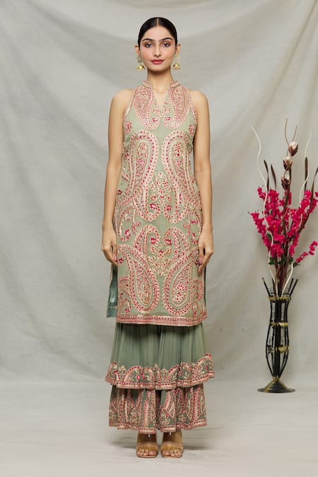 Buy_Abhi Singh_Green Net, Georgette, Shantoon Paisley Mandarin Embroidered Kurta Gharara Set _Online_at_Aza_Fashions