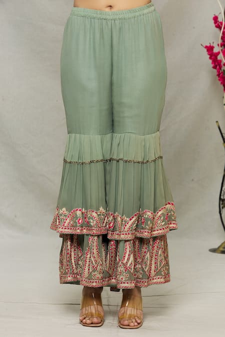 Shop_Abhi Singh_Green Net, Georgette, Shantoon Paisley Mandarin Embroidered Kurta Gharara Set _Online_at_Aza_Fashions