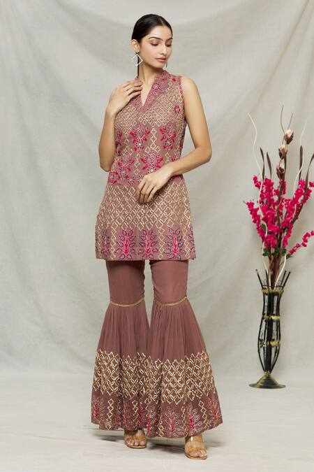 Abhi Singh_Brown Net, Georgette, Shantoon Floral, Jaal Embroidered Kurta And Gharara Set _Online_at_Aza_Fashions