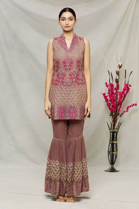 Buy_Abhi Singh_Brown Net, Georgette, Shantoon Floral, Jaal Embroidered Kurta And Gharara Set _Online_at_Aza_Fashions