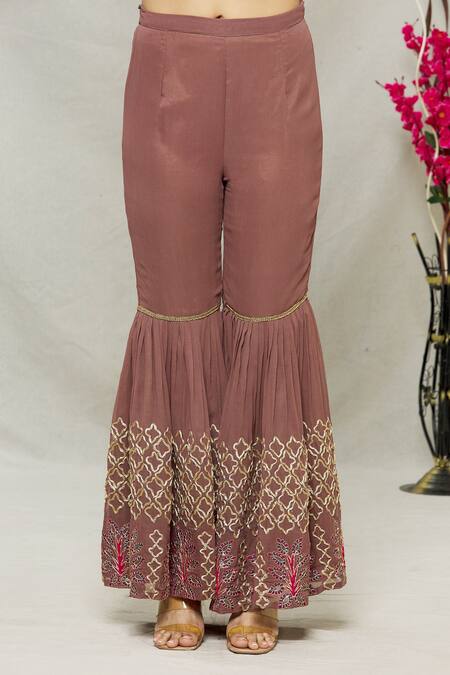 Shop_Abhi Singh_Brown Net, Georgette, Shantoon Floral, Jaal Embroidered Kurta And Gharara Set _Online_at_Aza_Fashions