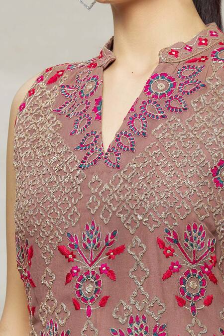 Abhi Singh_Brown Net, Georgette, Shantoon Floral, Jaal Embroidered Kurta And Gharara Set _at_Aza_Fashions