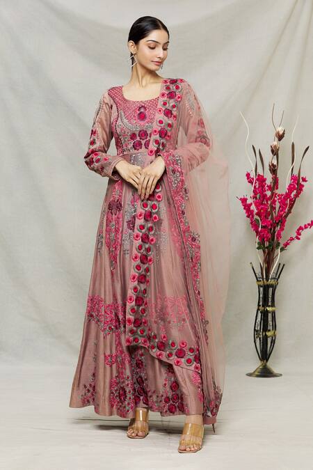 Abhi Singh_Pink Silk, Net, Shantoon Floral Round Embroidered Anarkali With Dupatta _Online_at_Aza_Fashions