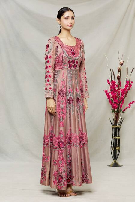 Buy_Abhi Singh_Pink Silk, Net, Shantoon Floral Round Embroidered Anarkali With Dupatta _Online_at_Aza_Fashions