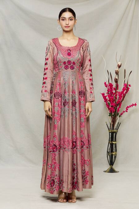 Shop_Abhi Singh_Pink Silk, Net, Shantoon Floral Round Embroidered Anarkali With Dupatta _Online_at_Aza_Fashions