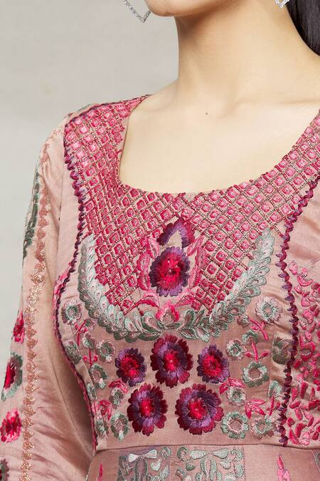 Abhi Singh_Pink Silk, Net, Shantoon Floral Round Embroidered Anarkali With Dupatta _at_Aza_Fashions
