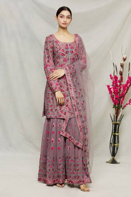 Abhi Singh_Purple Net, Georgette, Shantoon Floral U Zardozi Embroidered Kurta Gharara Set _Online_at_Aza_Fashions