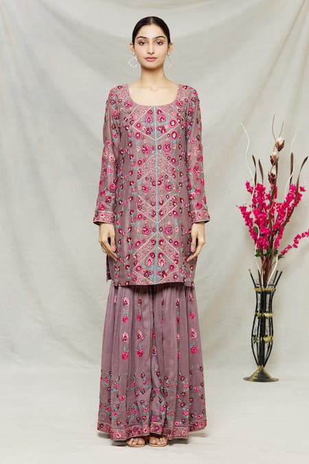 Buy_Abhi Singh_Purple Net, Georgette, Shantoon Floral U Zardozi Embroidered Kurta Gharara Set _Online_at_Aza_Fashions