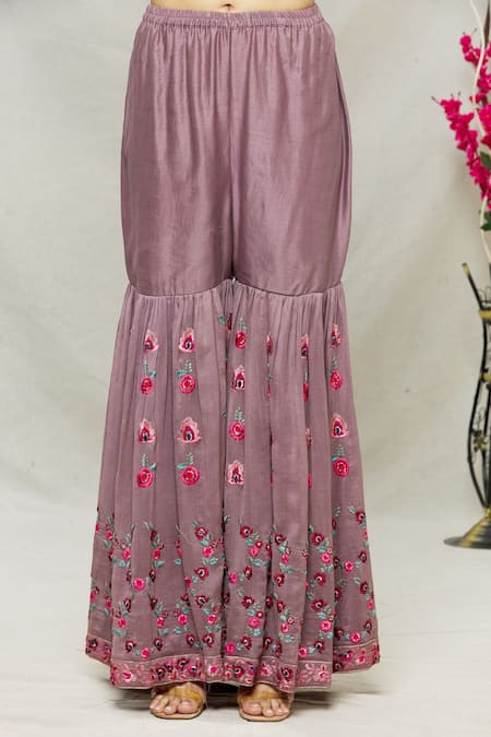 Shop_Abhi Singh_Purple Net, Georgette, Shantoon Floral U Zardozi Embroidered Kurta Gharara Set _Online_at_Aza_Fashions