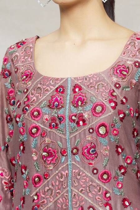 Abhi Singh_Purple Net, Georgette, Shantoon Floral U Zardozi Embroidered Kurta Gharara Set _at_Aza_Fashions