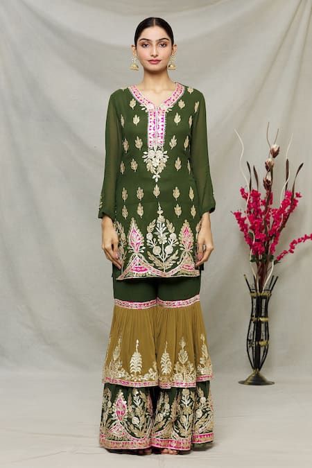 Buy_Abhi Singh_Green Georgette, Shantoon Floral Leaf Neck Embroidered Kurta Gharara Set _Online_at_Aza_Fashions