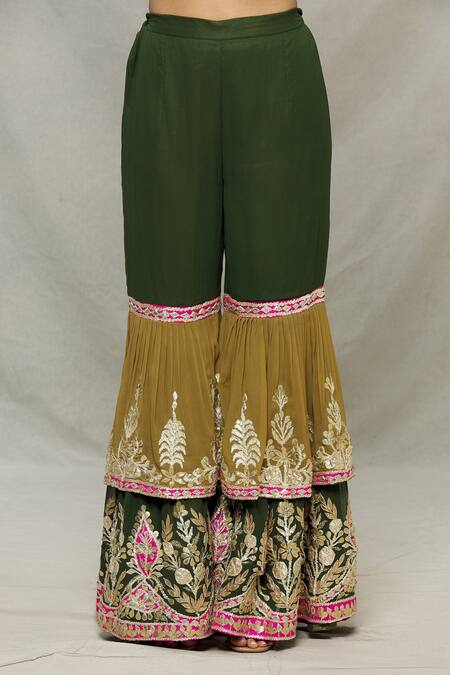 Shop_Abhi Singh_Green Georgette, Shantoon Floral Leaf Neck Embroidered Kurta Gharara Set _Online_at_Aza_Fashions