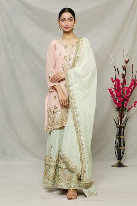 Abhi Singh_Peach Georgette, Shantoon Leaf V Neck Embroidered Kurta Gharara Set _Online_at_Aza_Fashions